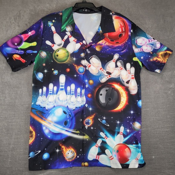 ACE Other - ACE Mens Bowling Ball Galaxy Space All Over Print Short Sleeve Button Up Shirt L